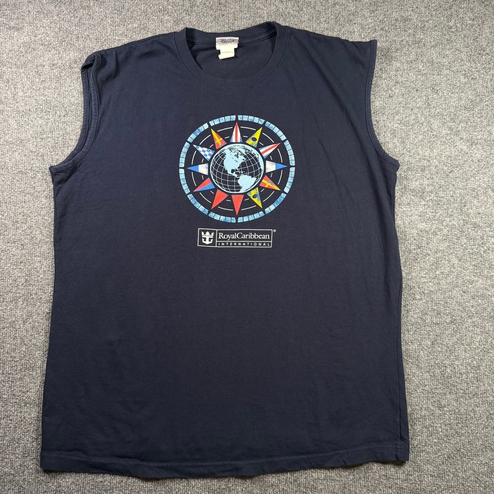 Royal Caribbean Muscle Tee Men XL Navy Blue Compass Globe Graphic Sleeveless